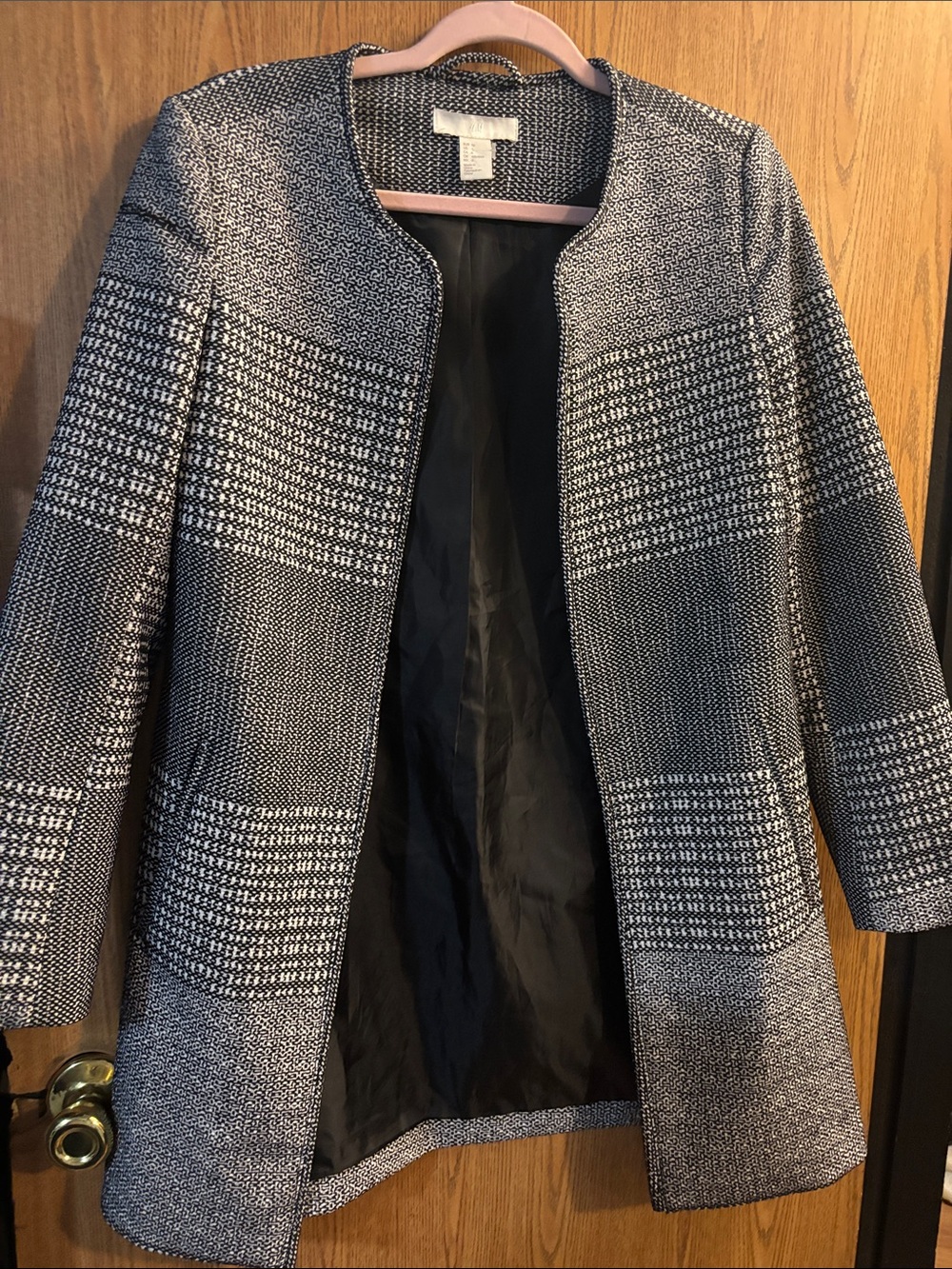 H&M Black & White Tweed Collarless Open Blazer